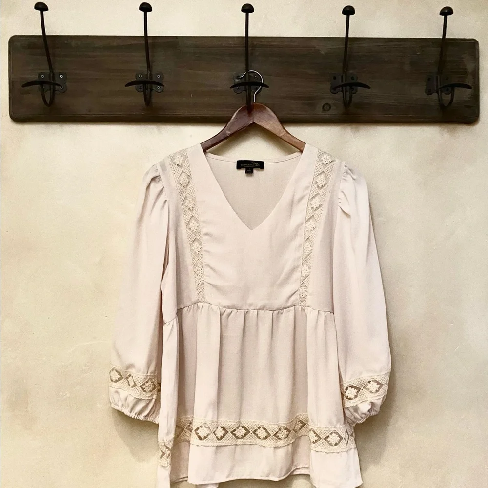 🪶3/$35 Ivory Lace Embroidered Babydoll 3/4 Sleeve SUZANNE BETRO Linen Blouse-S - Picture 2 of 16